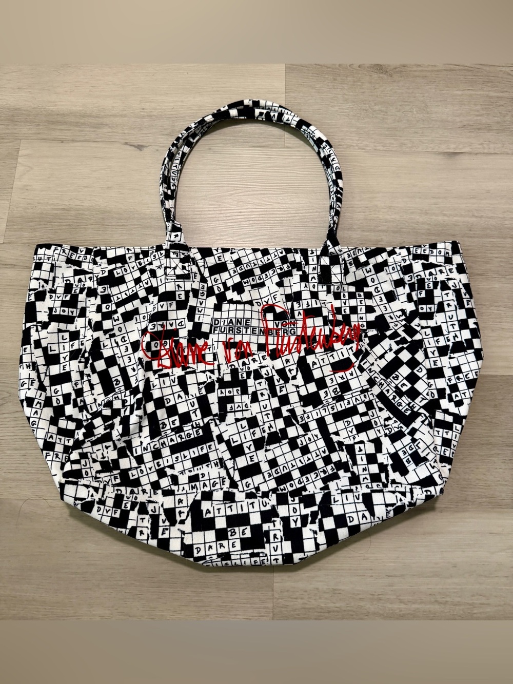 Diane Von Furstenberg Black & White Crossword-Print Tote with Red Script